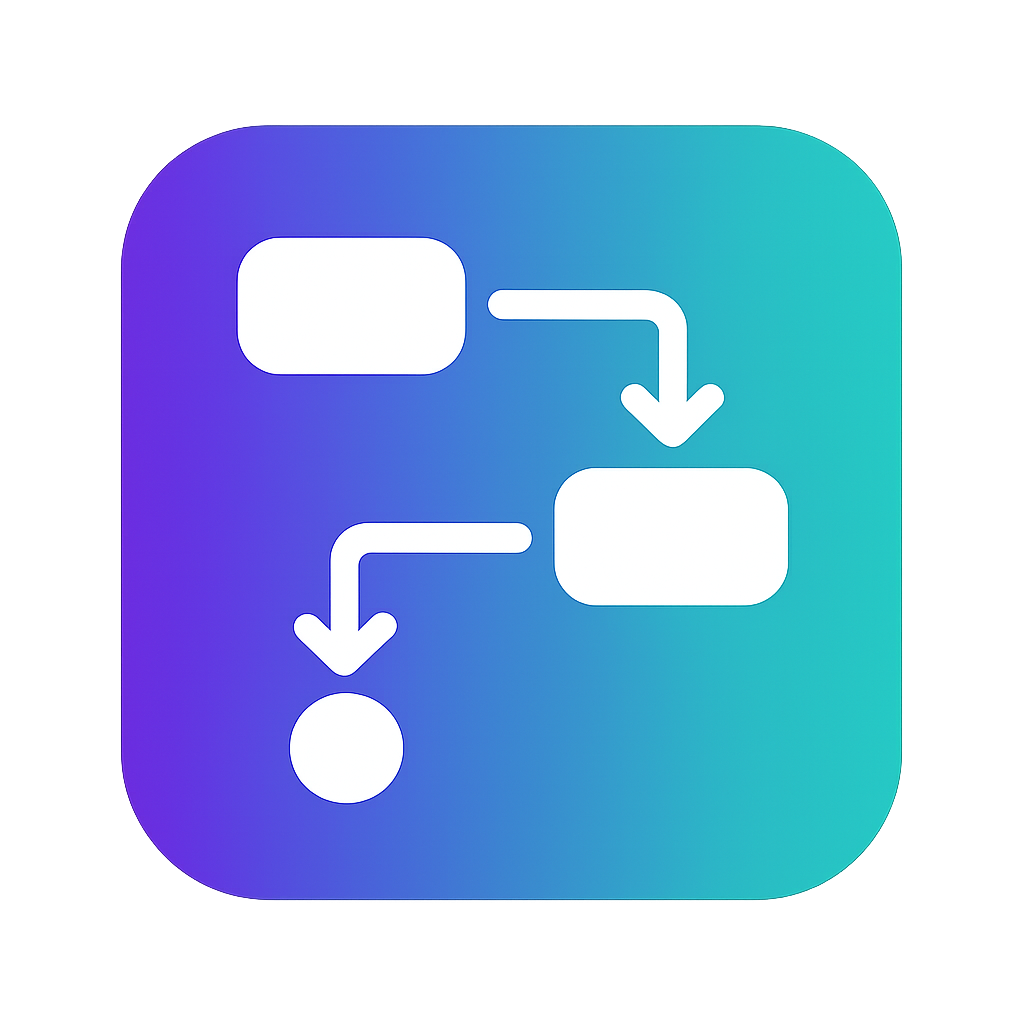 icone de fluxo de trabalho  cor FFFFFF minimalista com box cantos arredondados fundo do box cor degrade de 5B11BA para 1DA6AE fundo do icone deve ser-1