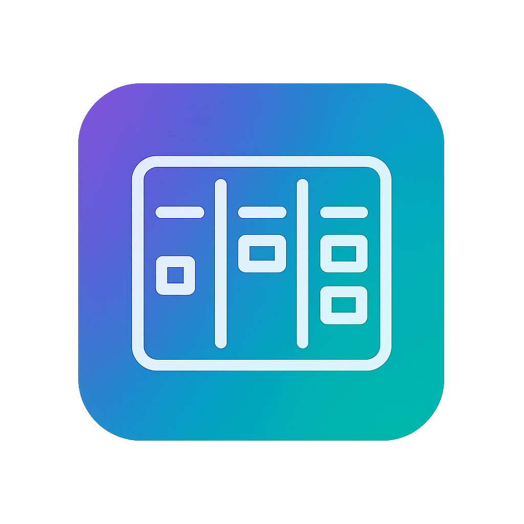 icone de kanban desenho do kanban FFFFFF minimalista com box cantos arredondados fundo do box cor degrade de 5B11BA para 1DA6AE o fundo do icone deve-1